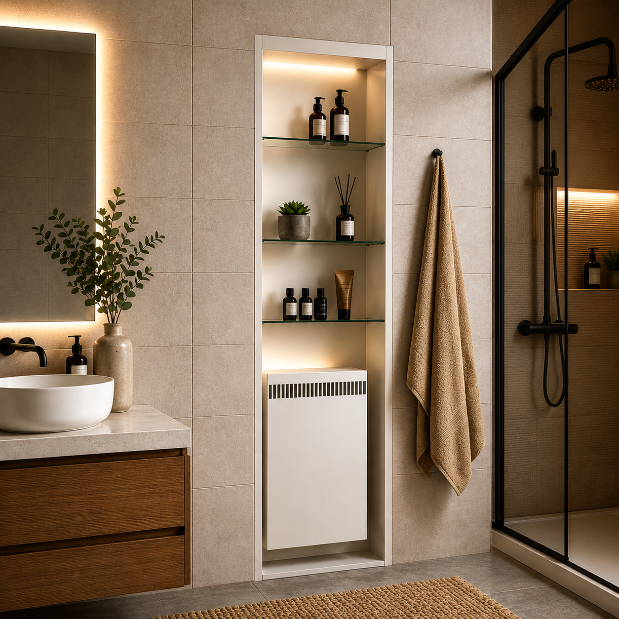 Caja empotrada en baño con baldas de cristal y radiador incorporado