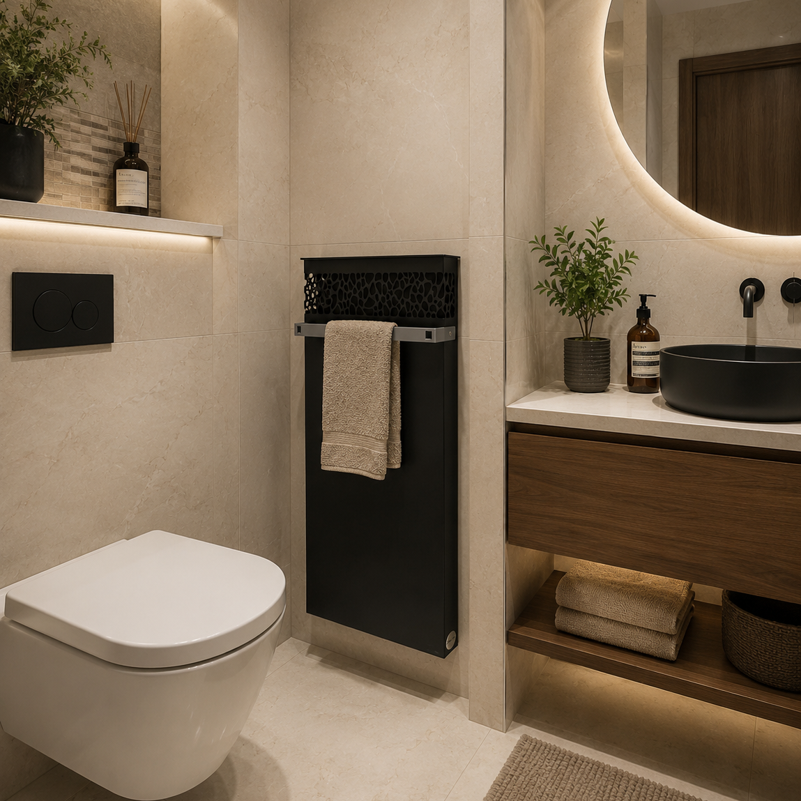 radiador en baño VERTICAL con panel desmontable negro con barra